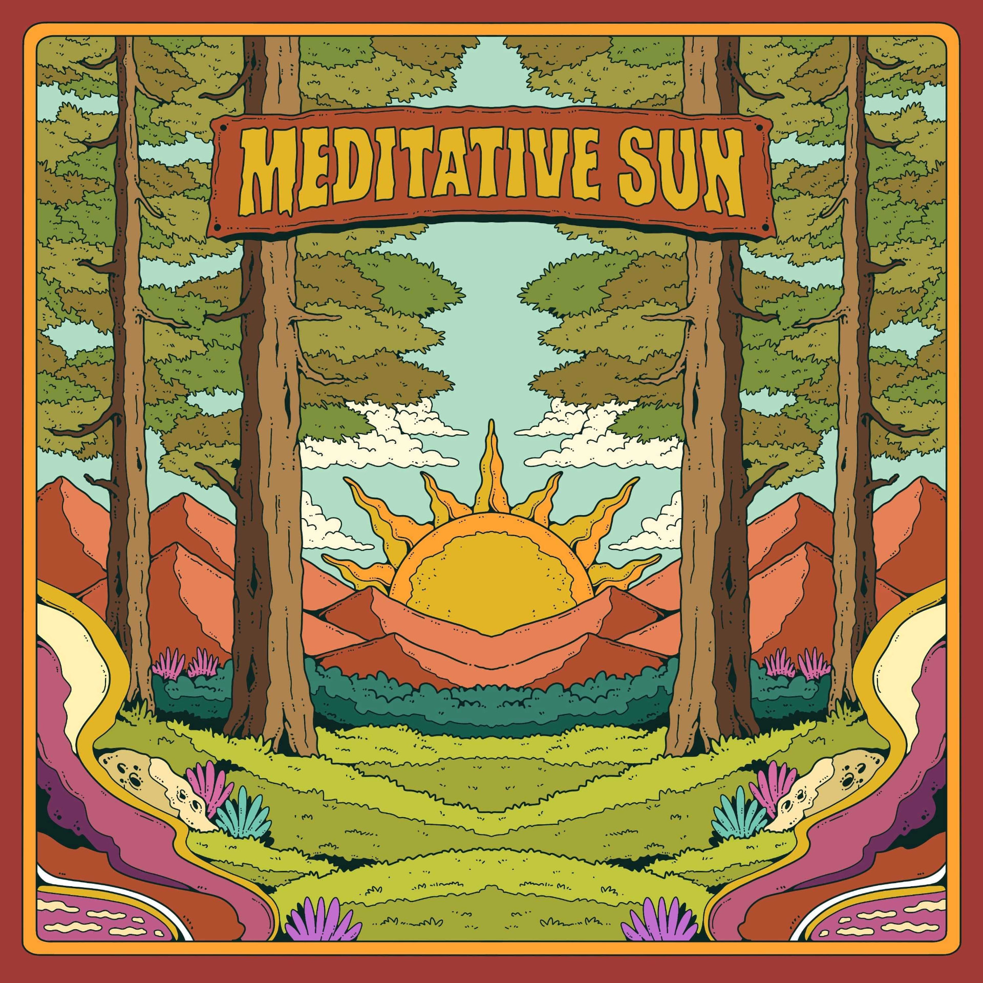 Meditative Sun album cover with sun rising through a forest